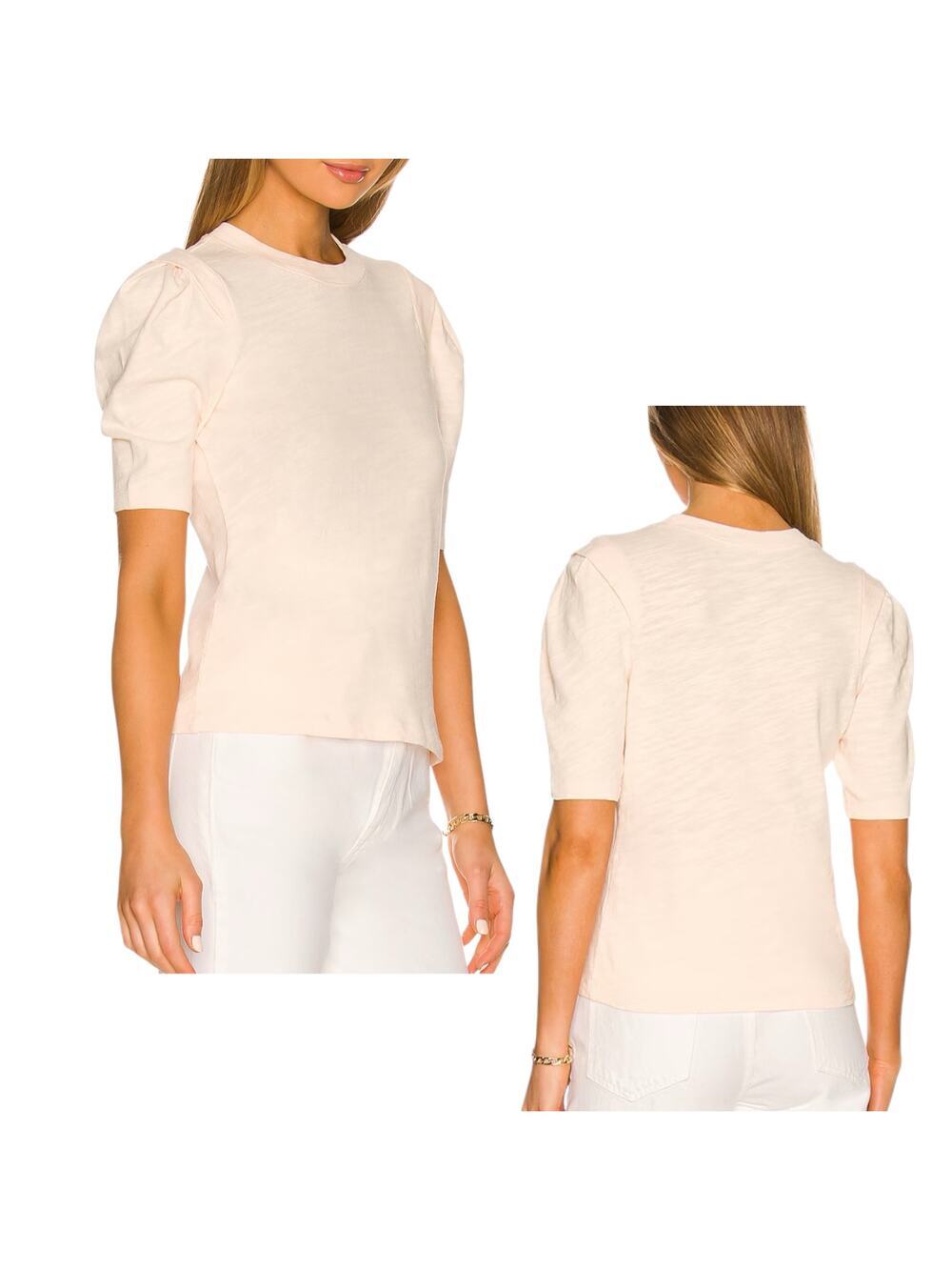 Frame Women's Pleated Panel Short Sleeved Tee Shirt 100% Cotton, Nude Pink Small